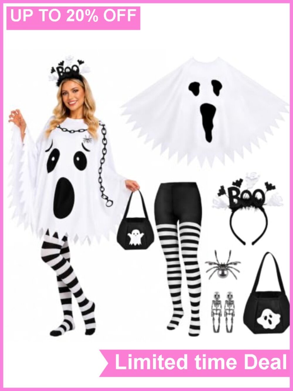 6 PC Women's Ghost Poncho Halloween Costume Set Tights Bag Earrings